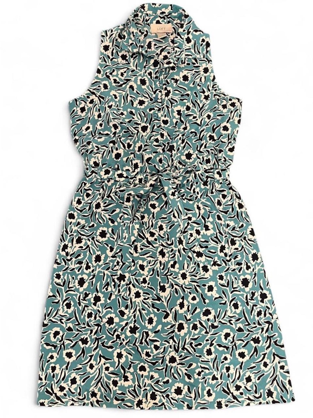 LOFT Petites Teal Floral Button Front Tie Waist Collared Shirt Dress 0P